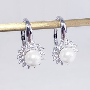 New 18K Gold Plated Fresh Water Pearl & CZ French Clasp Earrings